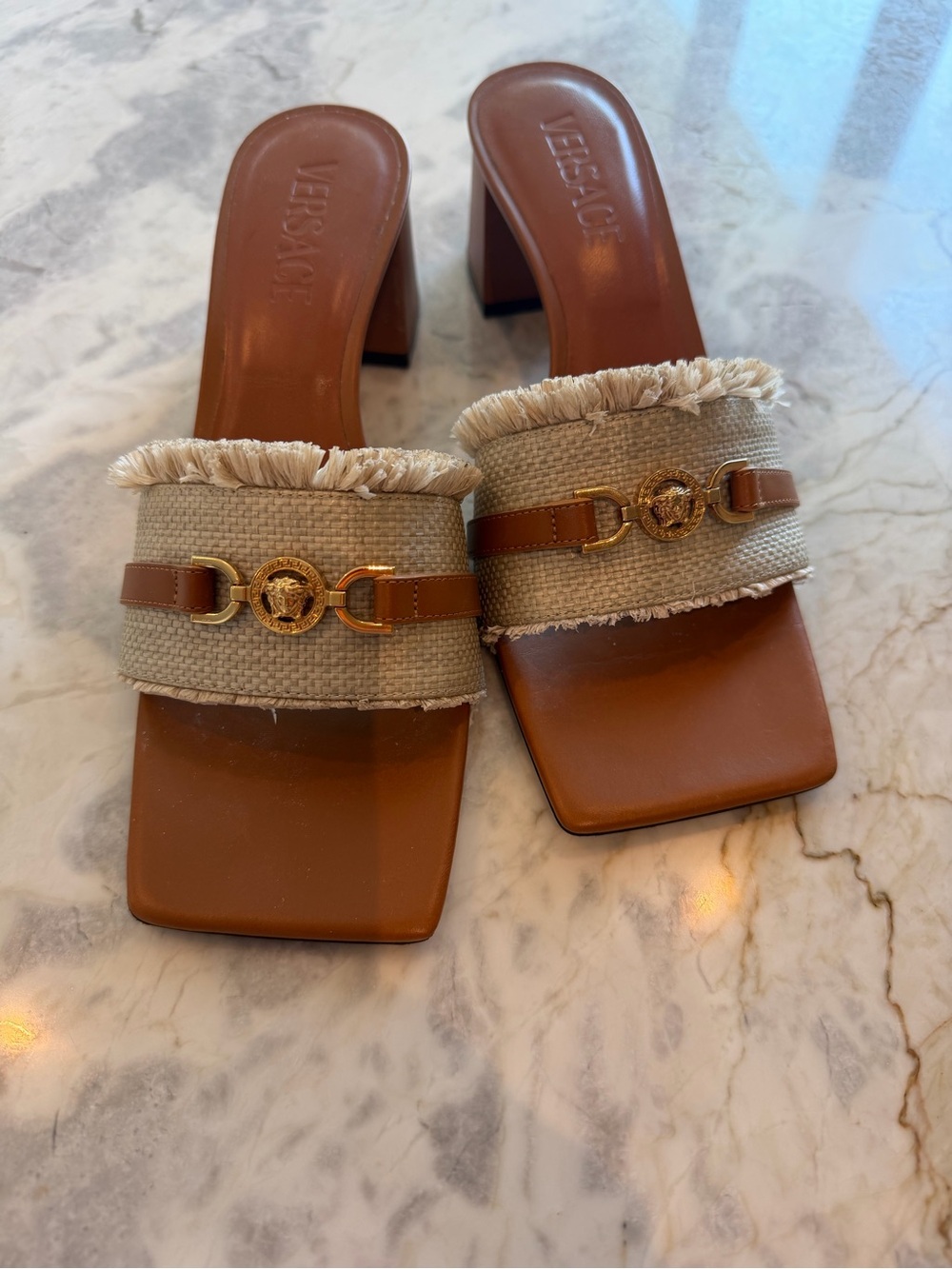 Versace Tan Leather & Beige Raffia Medusa Slide Sandals